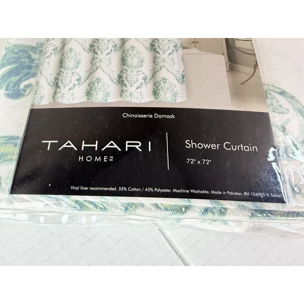 Tahari Home Green Blue Chinoiserie Damask Fabric Shower Curtain Paisley NWT